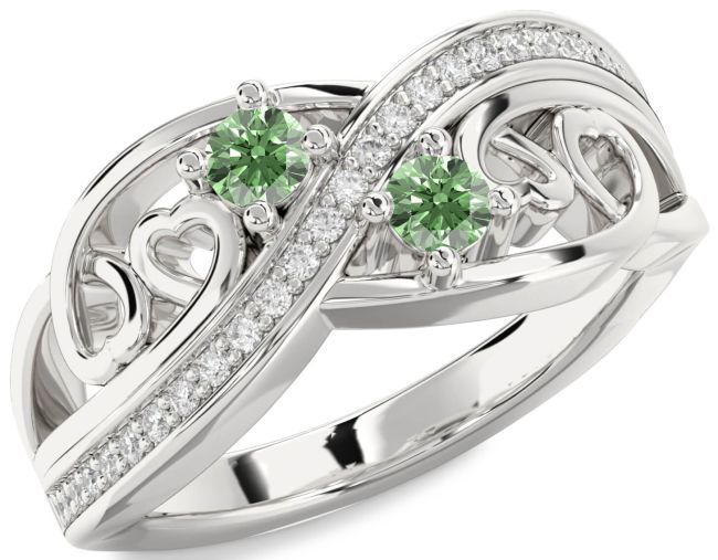 Green Diamond Silver Heart Two Stone Ring
