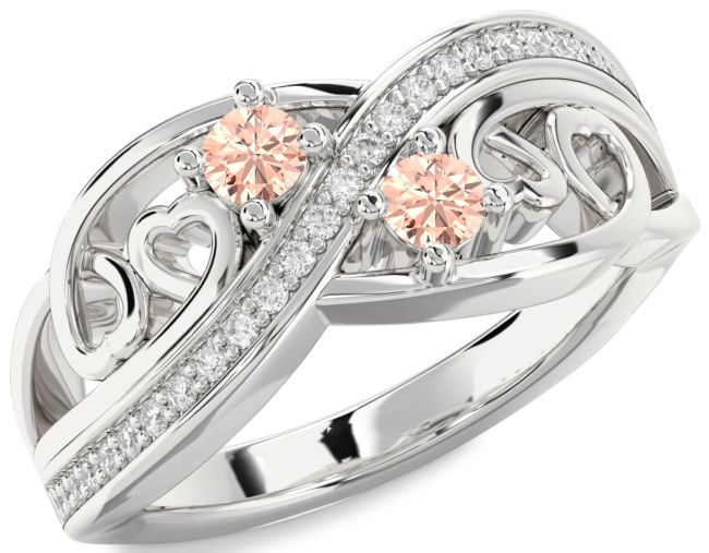 Diamond Morganite Silver Heart Two Stone Ring