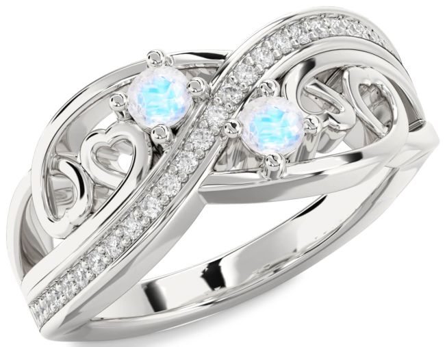 Diamond Moonstone Silver Heart Two Stone Ring