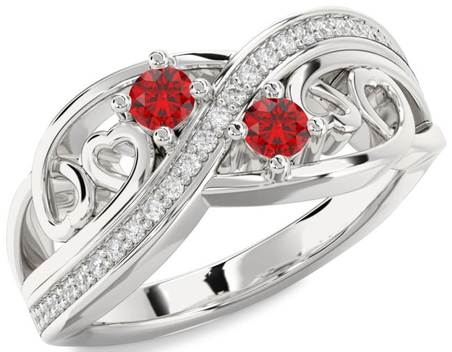 Diamond Ruby Silver Heart Two Stone Birthstone Ring