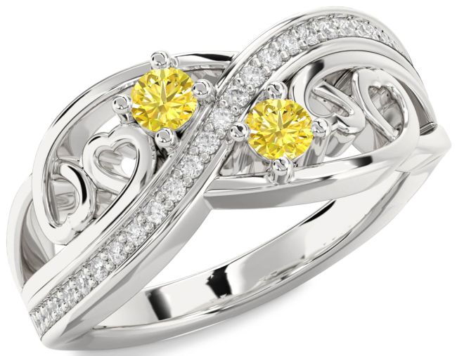 Yellow Diamond Silver Heart Two Stone Ring