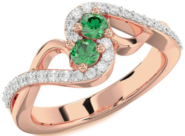 Diamond Emerald Rose Gold Round Two Stone Birthstone Ring