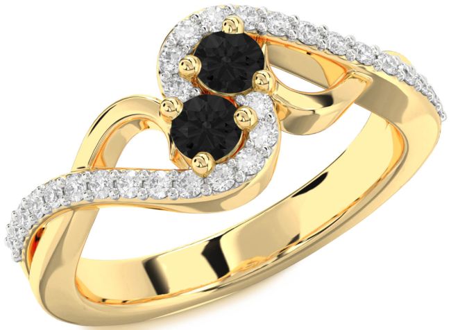 Black Diamond Gold Silver Round Two Stone Ring