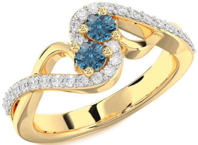 Blue Diamond Gold Silver Round Two Stone Ring