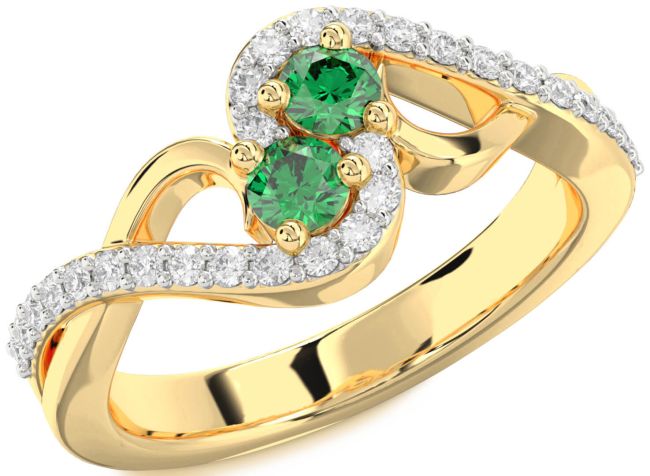 Diamond Emerald Gold Round Two Stone Birthstone Ring