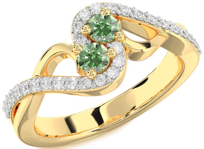Green Diamond Gold Silver Round Two Stone Ring