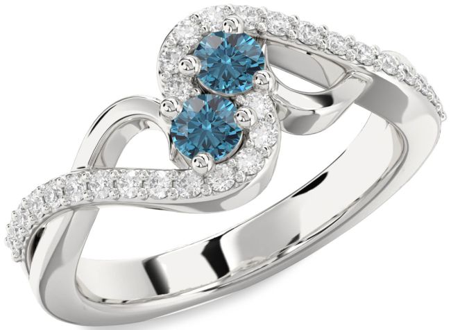 Blue Diamond Silver Round Two Stone Ring