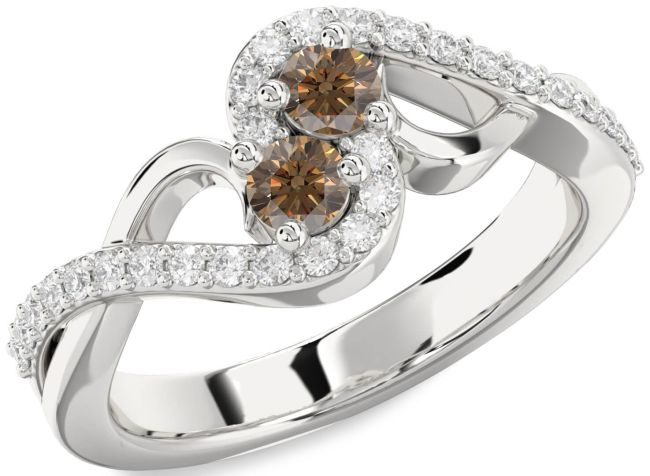 Chocolate Brown Diamond Silver Round Two Stone Ring