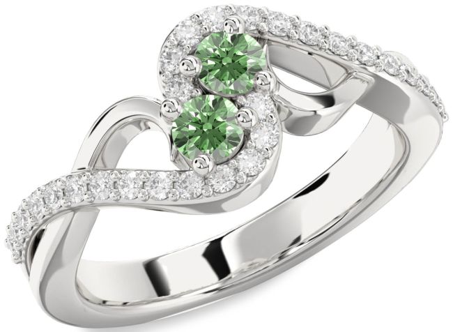 Green Diamond Silver Round Two Stone Ring