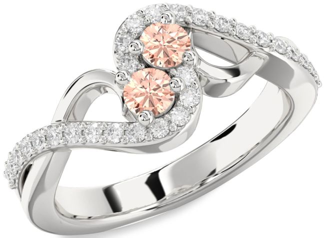 Diamond Morganite Silver Round Two Stone Ring
