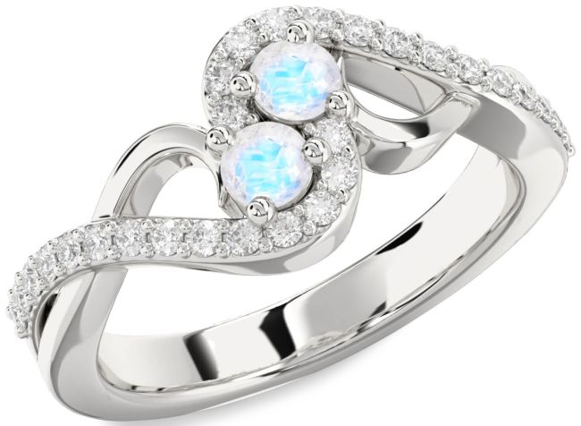 Diamond Moonstone Silver Round Two Stone Ring