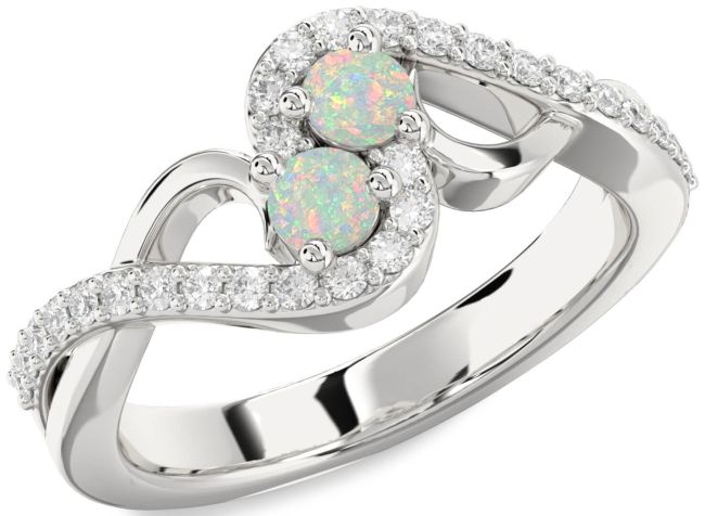 Diamond Opal Silver Round Two Stone Birthstone Ring