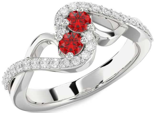 Diamond Ruby Silver Round Two Stone Birthstone Ring
