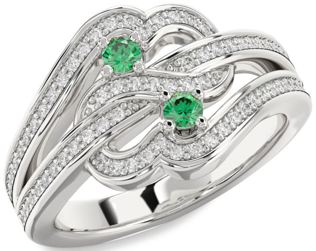Diamond Emerald Silver Round Two Stone Pave Birthstone Ring