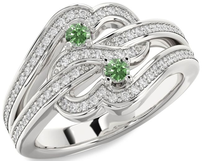 Green Diamond Silver Round Two Stone Pave Ring