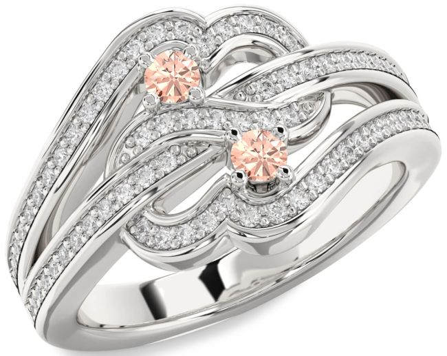 Diamond Morganite Silver Round Two Stone Pave Ring