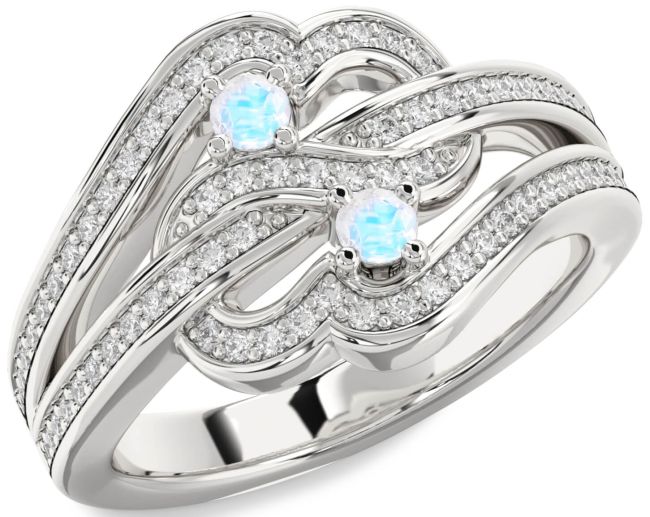 Diamond Moonstone Silver Round Two Stone Pave Ring