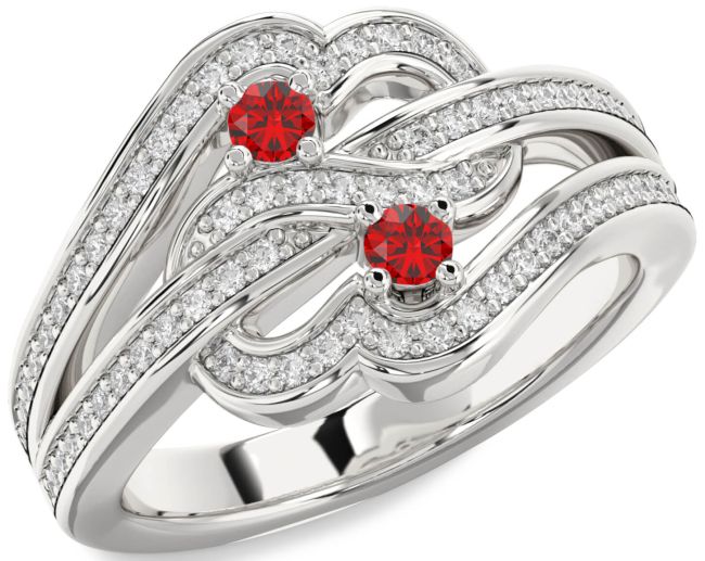 Diamond Ruby Silver Round Two Stone Pave Birthstone Ring