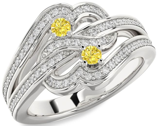 Yellow Diamond Silver Round Two Stone Pave Ring
