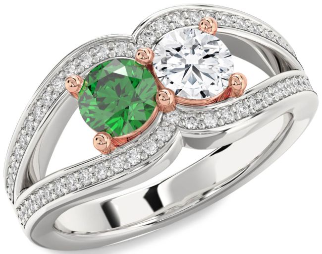 Diamond Silver & 10K Rose Gold Round Two Stone Promise Ring