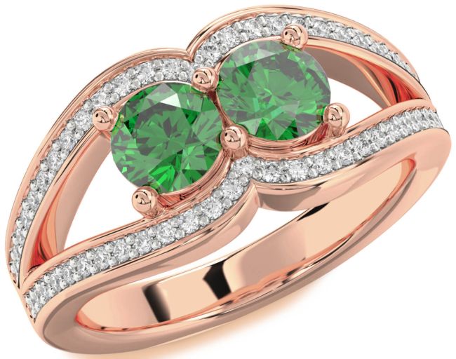 Diamond Emerald Rose Gold Round Two Stone Birthstone Ring