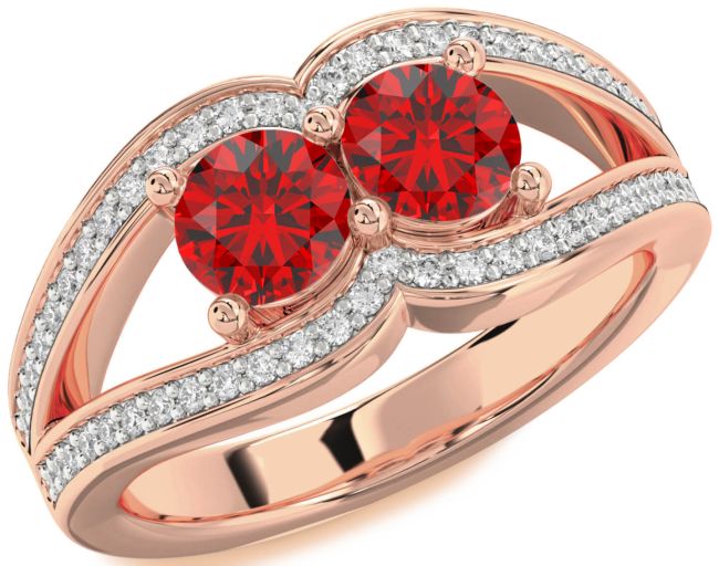 Diamond Ruby Rose Gold Round Two Stone Birthstone Ring