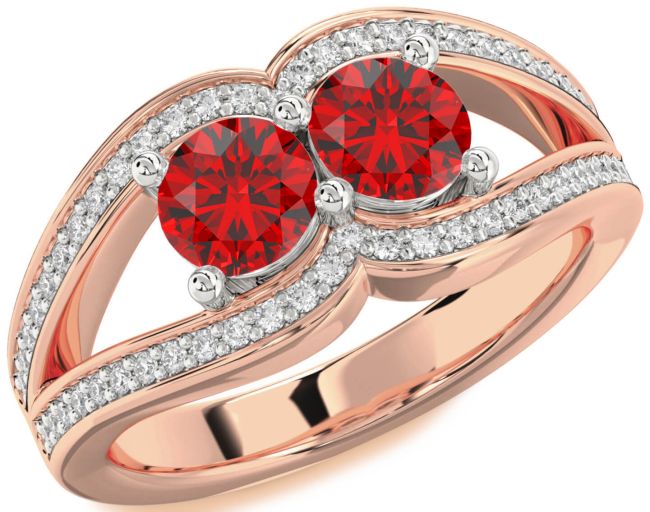 Diamond Ruby Rose Gold Silver Round Two Stone Birthstone Ring