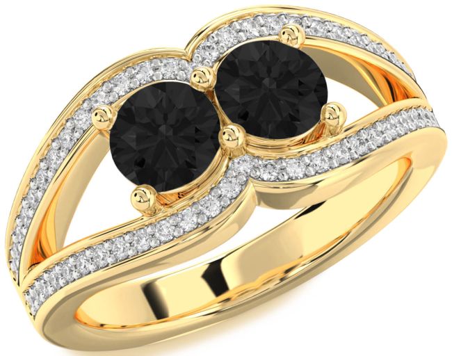Black Diamond Gold Silver Round Two Stone Ring