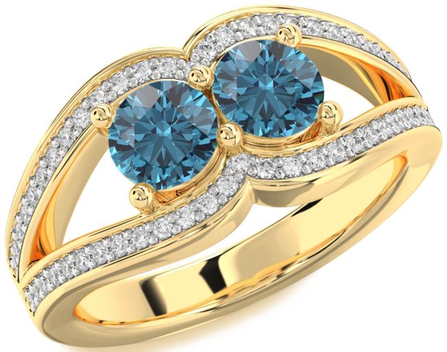 Blue Diamond Gold Silver Round Two Stone Ring