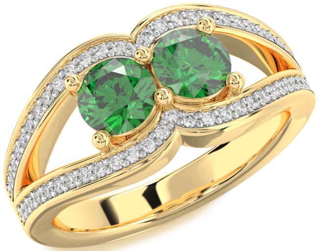 Diamond Emerald Gold Silver Round Two Stone Birthstone Ring
