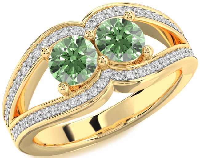Green Diamond Gold Silver Round Two Stone Ring