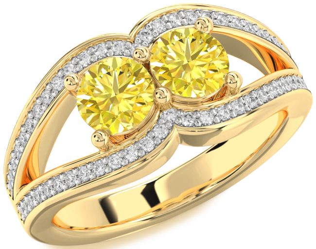 Yellow Diamond Gold Silver Round Two Stone Ring