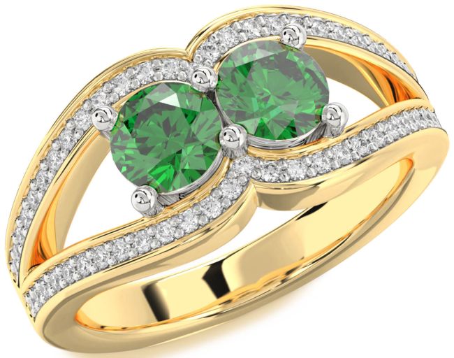 Diamond Emerald Gold Silver Round Two Stone Birthstone Ring