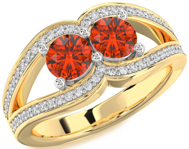 Diamond Fire Opal Gold Silver Round Two Stone Ring