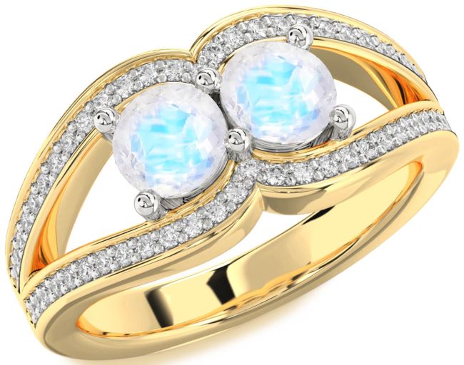 Diamond Moonstone Gold Silver Round Two Stone Ring