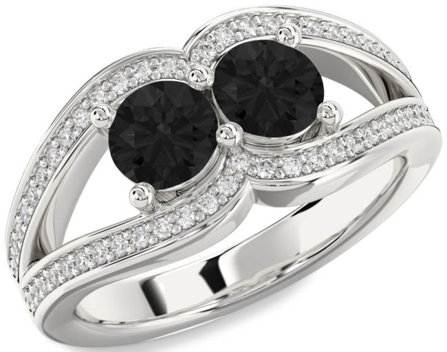 Black Diamond Silver Round Two Stone Ring