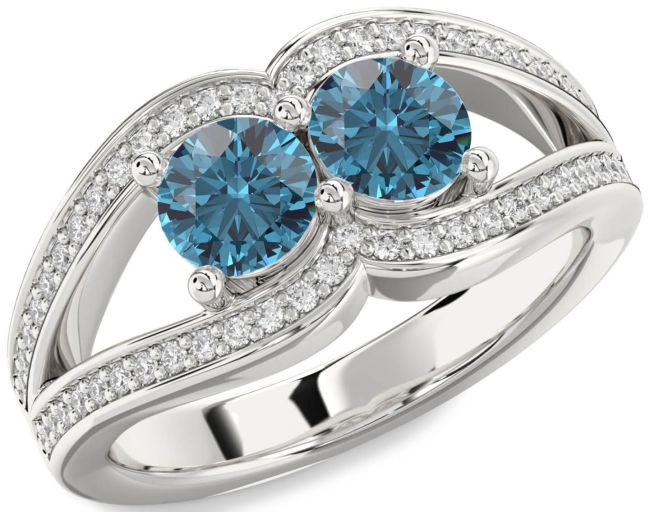 Blue Diamond Silver Round Two Stone Ring