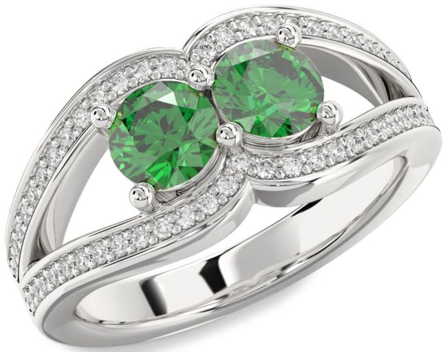 Diamond Emerald Silver Round Two Stone Birthstone Ring