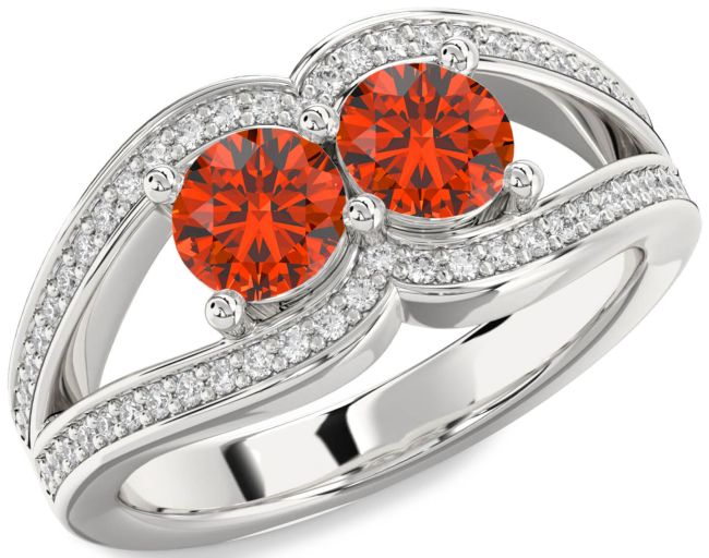 Diamond Fire Opal Silver Round Two Stone Ring