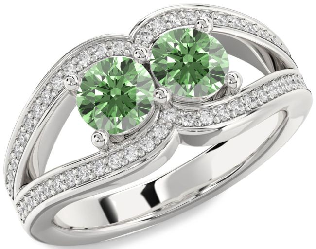 Green Diamond Silver Round Two Stone Ring