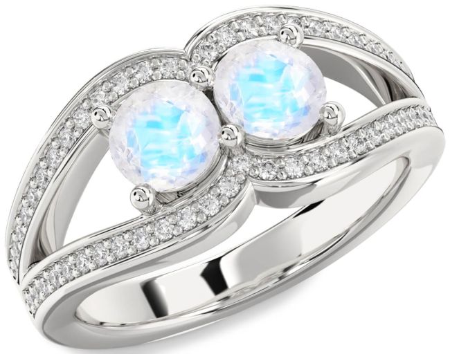 Diamond Moonstone Silver Round Two Stone Ring