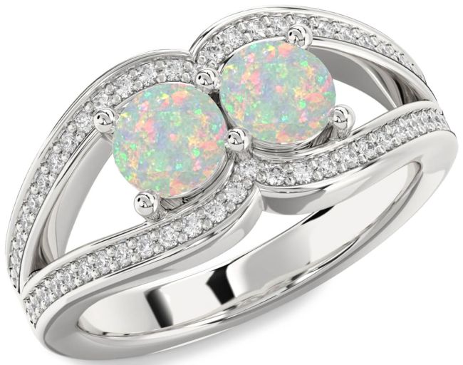 Diamond Opal Silver Round Two Stone Birthstone Ring