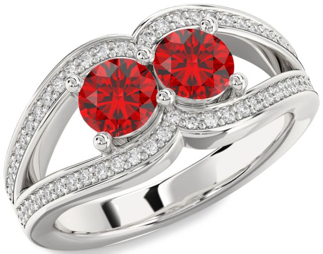 Diamond Ruby Silver Round Two Stone Birthstone Ring
