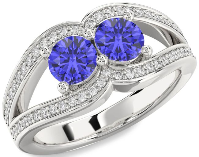 Diamond Tanzanite Silver Round Two Stone Ring