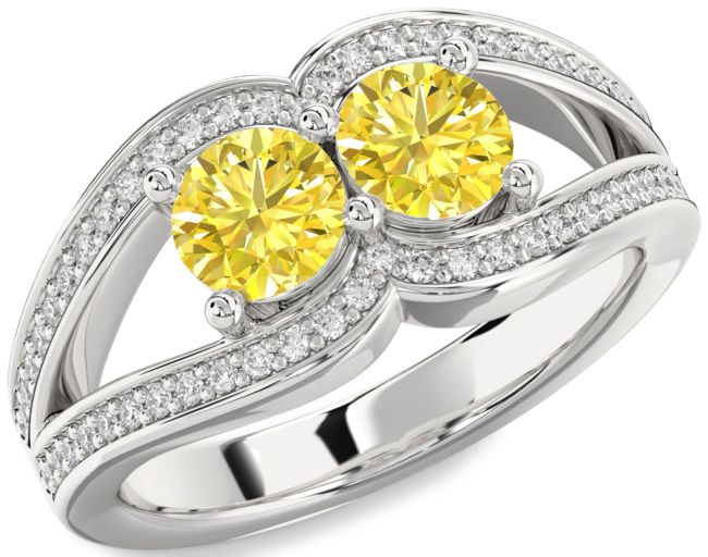 Yellow Diamond Silver Round Two Stone Ring