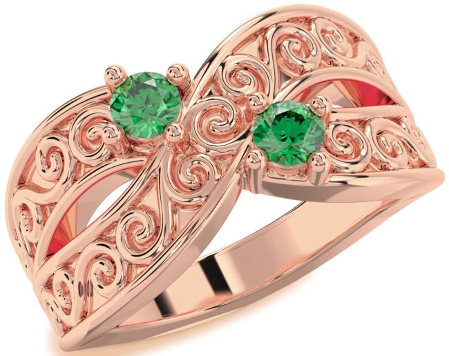 Emerald Rose Gold Infinity Knot Round Two Stone Birthstone Ring