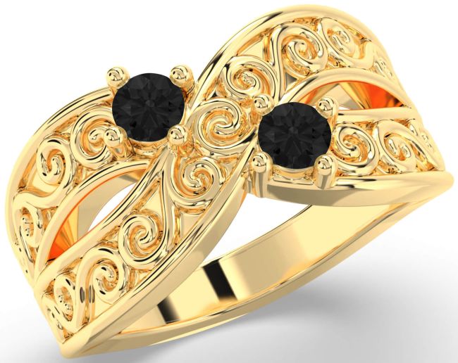Black Diamond Gold Silver Infinity Knot Round Two Stone Ring