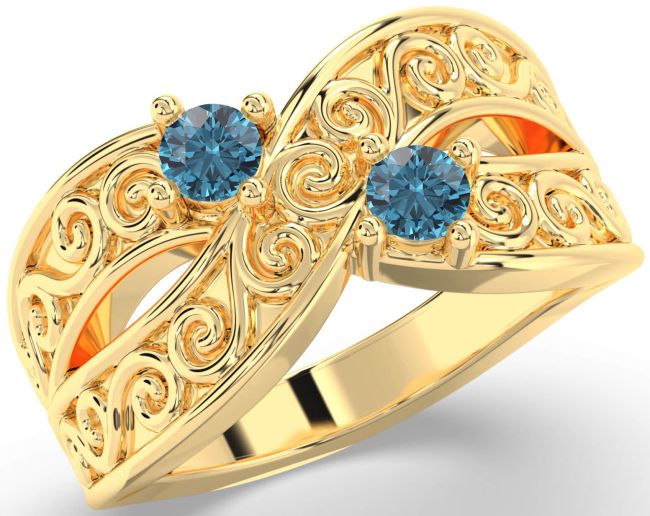 Blue Diamond Gold Infinity Knot Round Two Stone Ring