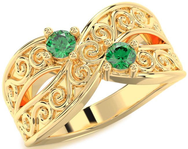 Emerald Gold Infinity Knot Round Two Stone Birthstone Ring
