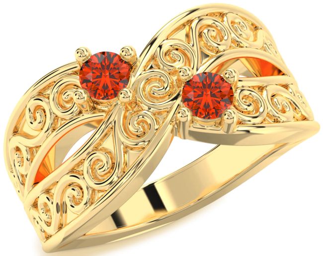 Fire Opal Gold Silver Infinity Knot Round Two Stone Ring